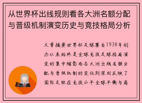 从世界杯出线规则看各大洲名额分配与晋级机制演变历史与竞技格局分析